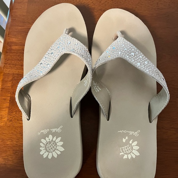 yellow box silver sequin flip flops